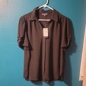 Adrianna Papell Black Short-Sleeve Button-Down Shirt